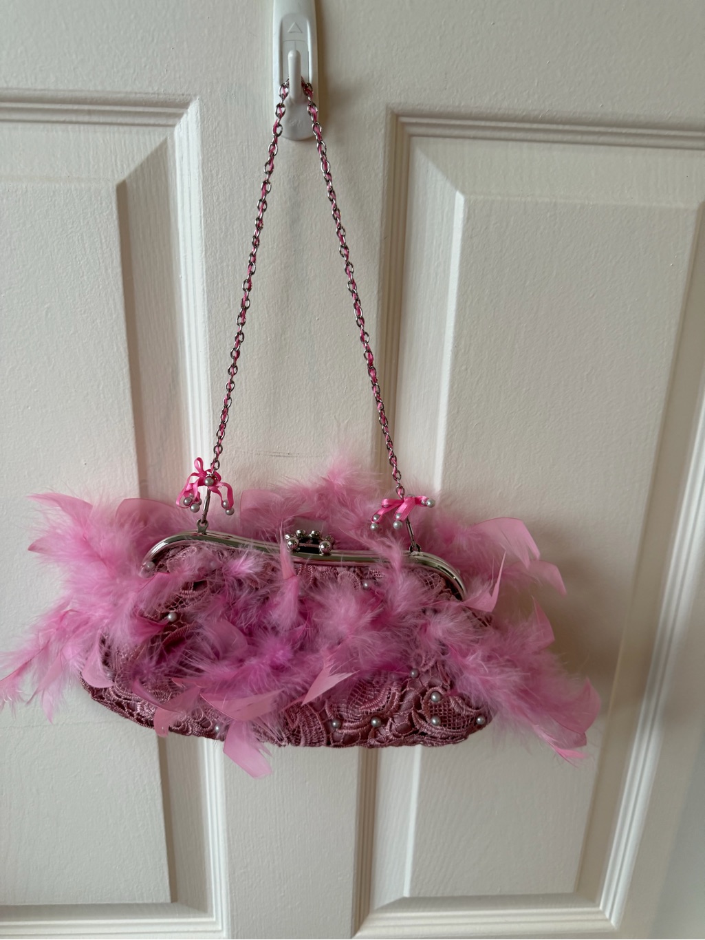 Pink Feather-Trim Evening Clutch With Chain Strap